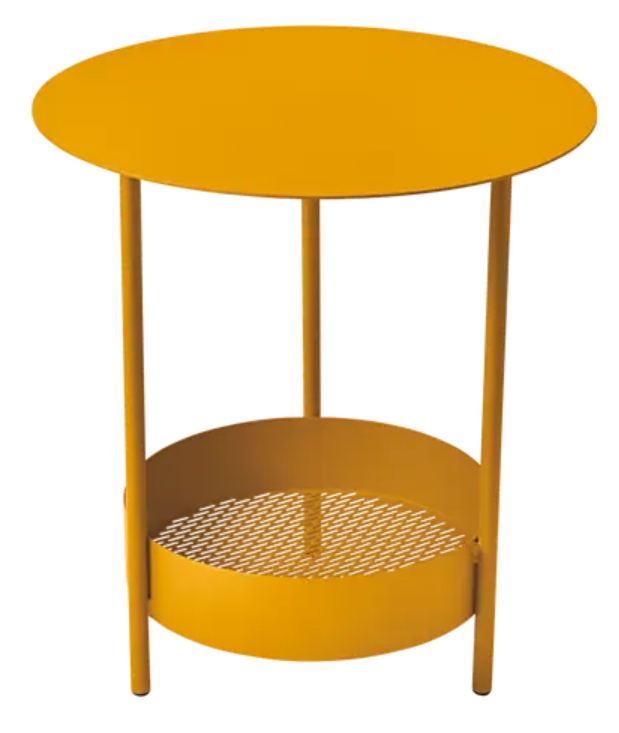 Load image into Gallery viewer, Honey-colored Fermob Salsa pedestal side table with a round top and sturdy base, ideal for outdoor furniture settings.
