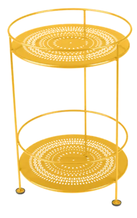 Fermob Guinguette side table with perforated double top in honey-colored metal, outdoor furniture for stylish patio decor