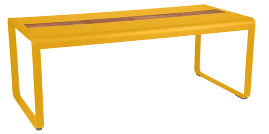 Fermob Bellevie outdoor dining table, 196x90cm, wood and metal, with storage, eight-seater, honey finish for outdoor dining.