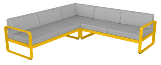 Fermob Bellevie Composition 2 outdoor lounge sofa set with honey-colored cushions and grey fabric, modular design for patio seating.