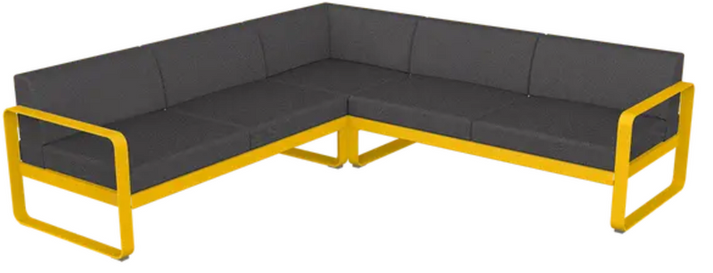 Load image into Gallery viewer, Fermob Bellevie Composition 2 outdoor lounge sofa set with honey, graphite, and grey cushions, modular design for outdoor seating.
