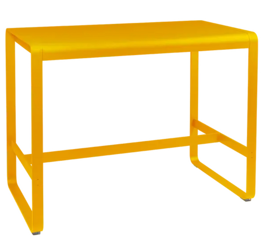 Fermob Bellevie outdoor high lounge table, 140x80 cm, made of metal with a honey-colored finish, suitable for outdoor patio decor.