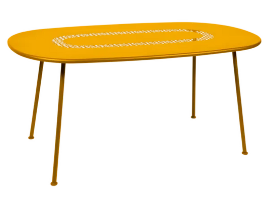 Fermob Lorette oval metal outdoor dining table, 160x90 cm with honey finish, suitable for garden or patio use.