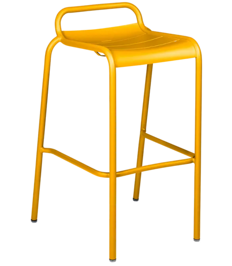 Load image into Gallery viewer, Fermob Luxembourg bar stool in honey color, outdoor dining stool with a sleek design, ideal for restaurant or home patio seating.
