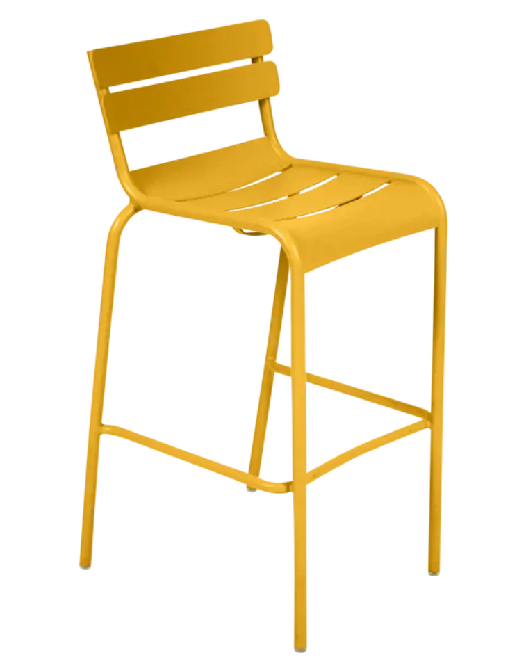 Load image into Gallery viewer, Red Fermob Luxembourg Bar Armchair with honey-colored metal finish, suitable for pub and bar settings.
