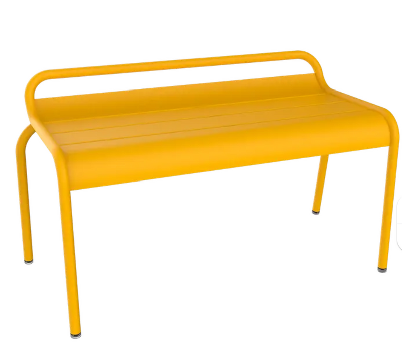 Load image into Gallery viewer, Fermob Luxembourg stackable outdoor bench in honey color, 90 cm, with a sleek metal design for garden or patio seating.
