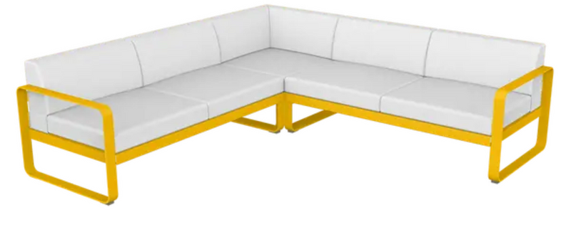 Load image into Gallery viewer, Honey and off-white Fermob Bellevie modular outdoor sofa set with plush cushions and sleek design, perfect for outdoor lounging.
