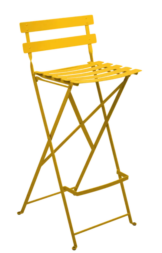 Honey orange Fermob Bistro high bar stool, foldable outdoor furniture with a modern design and sturdy metal frame.