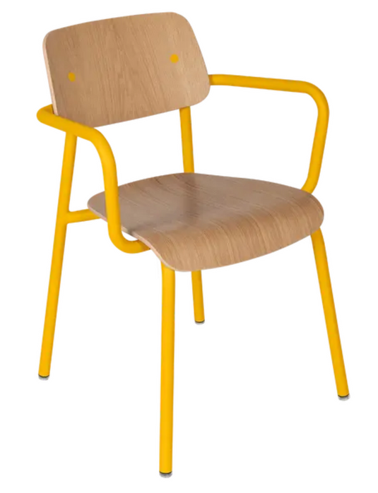 Fermob Studie Oak outdoor armchair with honey-colored wooden frame and comfortable seating, ideal for outdoor garden or patio.