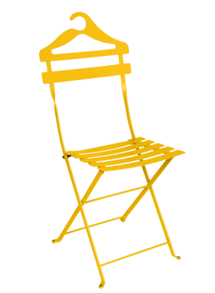 Load image into Gallery viewer, Fermob honey-colored folding Bistro Valet Chair hanging metal chair for indoor or outdoor use.
