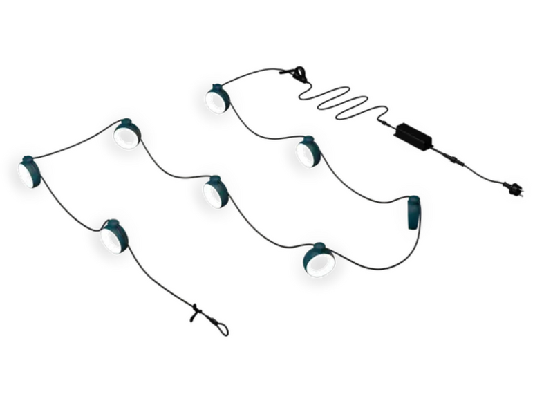 Load image into Gallery viewer, Fermob HOOPIK string lights, 1200 cm outdoor lighting for restaurants and hotels, featuring warm glowing bulbs and black cord.
