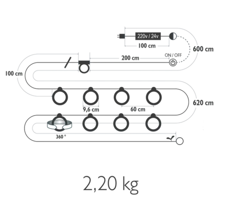 Load image into Gallery viewer, Fermob HOOPIK string lights, 1200 cm outdoor lighting for restaurants and hotels, hanging in an outdoor setting.
