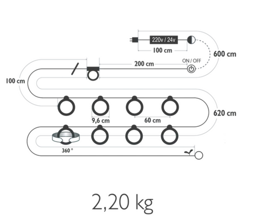 Fermob HOOPIK string lights, 1200 cm outdoor lighting for restaurants and hotels, hanging in an outdoor setting.