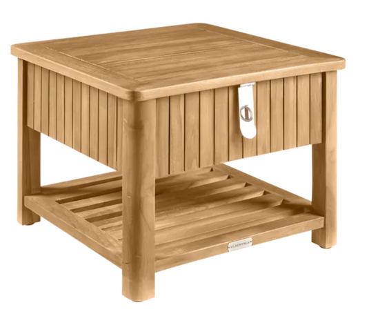 Fermob Ibiza low teak table with built-in storage box, natural teak wood, ideal for patio or outdoor furniture arrangements.