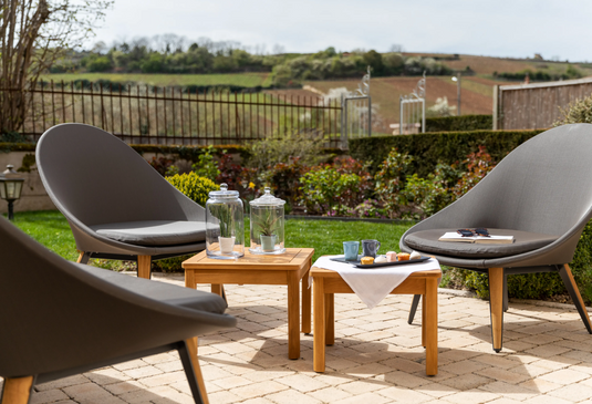 IBIZA low teak table by Custom Wood Designs, 45x45 cm, showing a square outdoor patio table with natural teak finish.