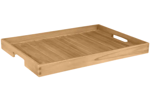 Fermob Ibiza serving tray made of solid teak wood, featuring a rectangular design with handles for serving and carrying.