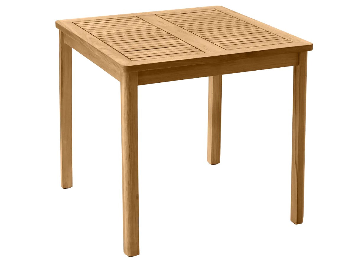 IBIZA 80x80cm solid teak dining table by Vlaemynck, ideal for restaurant or outdoor hospitality settings, shown in a natural setting.