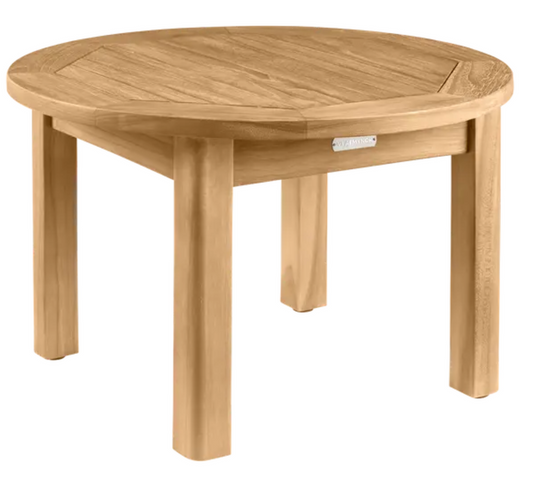 Fermob Ibiza outdoor teak round table with 50cm diameter, featuring a smooth wooden surface and sturdy legs for outdoor use.