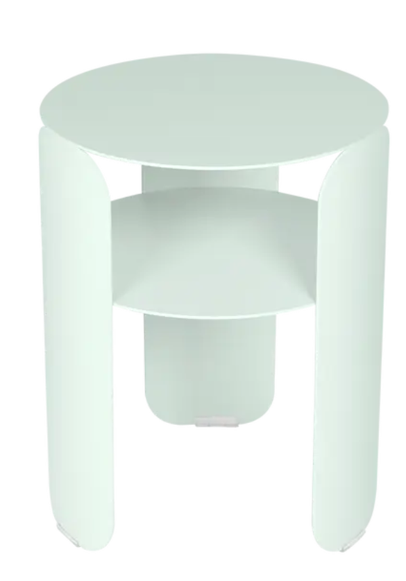 Load image into Gallery viewer, Ice Mint blue Fermob Bebop side table with 35cm diameter, metal offset design, suitable for outdoor use.
