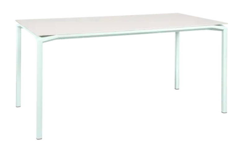 Load image into Gallery viewer, Fermob CALVI AERIS mineral dining table in Ice Mint with a 160 x 80 cm surface, designed for six seats.
