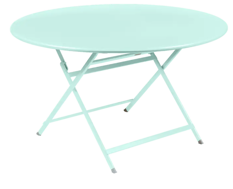 Load image into Gallery viewer, Fermob IceMint foldable metal table with 128 cm diameter, suitable for eight people, shown in a folded and open position.
