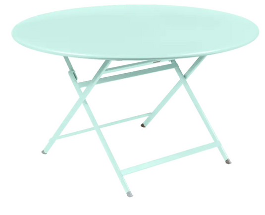 Fermob IceMint foldable metal table with 128 cm diameter, suitable for eight people, shown in a folded and open position.