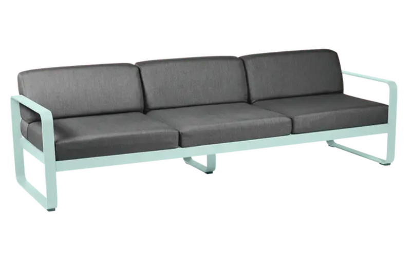 Load image into Gallery viewer, Fermob Bellevie 3-seater outdoor sofa with metal frame in Ice Mint and Graphite Grey, designed for outdoor furniture.
