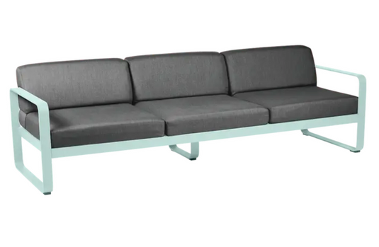 Fermob Bellevie 3-seater outdoor sofa with metal frame in Ice Mint and Graphite Grey, designed for outdoor furniture.