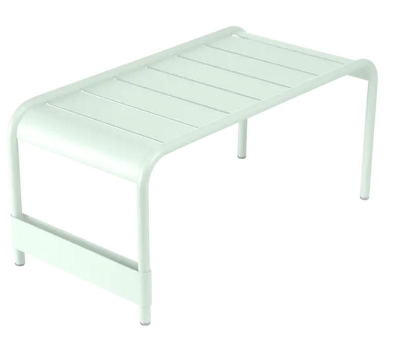 Load image into Gallery viewer, Ice Mint Fermob Luxembourg large low table and bench, 86x44, with a sleek modern design and smooth surface in a vibrant color.
