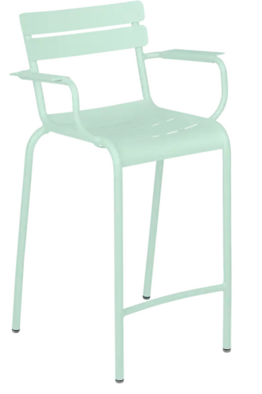 Ice Mint Fermob Luxembourg high bar armchair with high armrests, modern design, and metal frame, suitable for outdoor or indoor use