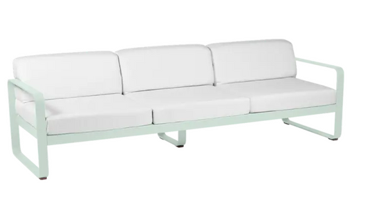 Ice mint and off-white Fermob Bellevie 3-seater outdoor sofa with metal frame, stylish and comfortable outdoor furniture.