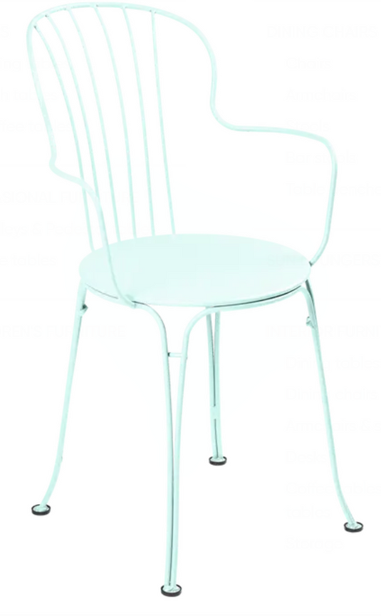 Ice mint Fermob OPÉRA+ outdoor metal armchair with curved armrests and slatted seat, perfect for garden or patio seating.