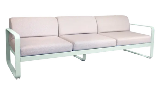 Ice Mint Pearl Fermob Bellevie 3-Seater outdoor sofa with metal frame, featuring a modern design and plush cushions for outdoor lounging.