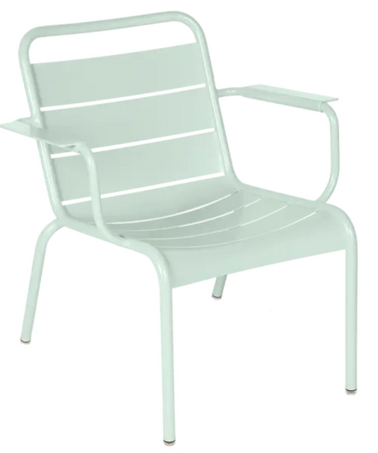 Fermob Luxembourg garden armchair lounge in ice mint color, outdoor patio furniture with a modern, comfortable design.