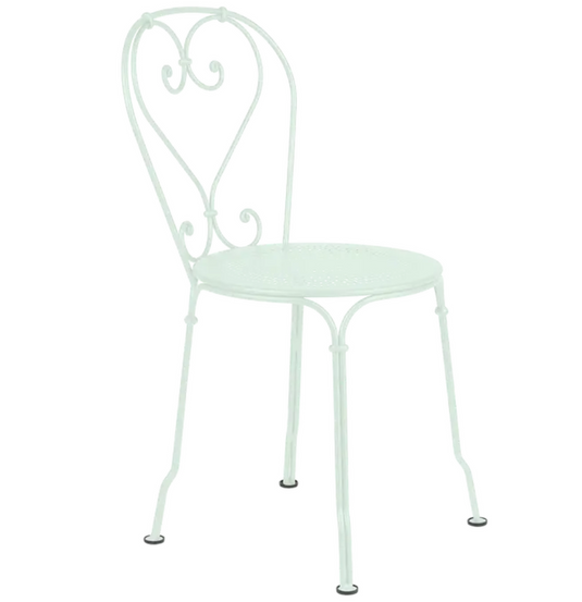 Ice mint Fermob 1900 outdoor chair with a sleek metal design, perfect for garden or patio seating.