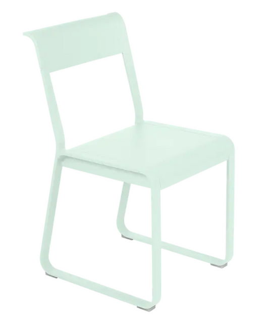 Ice mint Fermob Bellevie Chair V2, a stylish metal outdoor chair with a modern design and slatted seat.