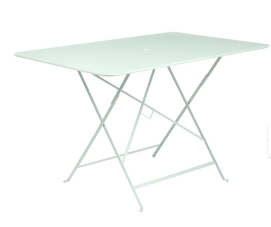 Ice mint Fermob foldable bistro table, 117x77 cm outdoor metal table with sturdy legs, ideal for small outdoor spaces.