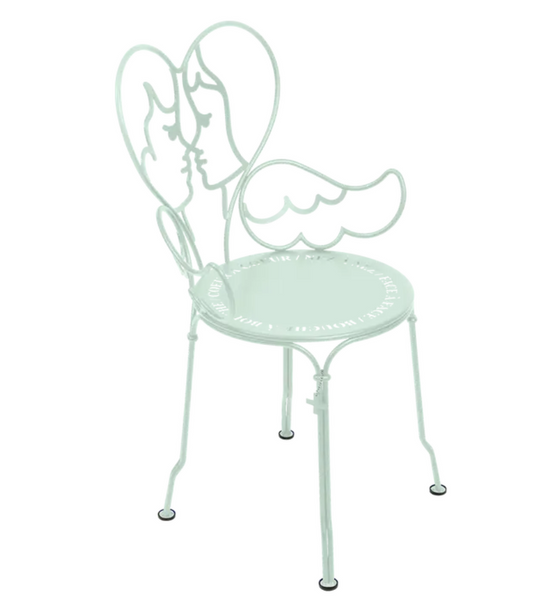 Ice mint Fermob metal ANGE chair with slatted seat and backrest, designed for outdoor furniture.