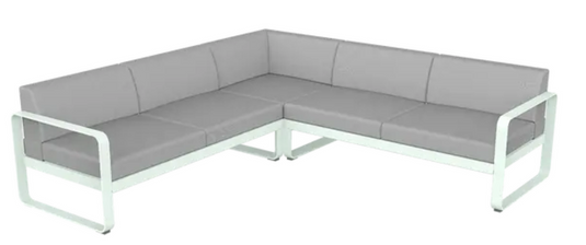 Fermob Bellevie Composition 2 outdoor lounge set with ice mint and grey fabric cushions on modular sofa frames.