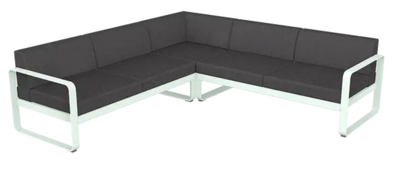 Load image into Gallery viewer, Fermob Bellevie Composition 2 outdoor modular lounge set with ice mint and graphite grey cushions and frame, stylish patio furniture.
