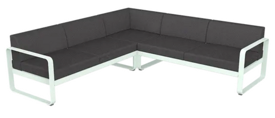 Fermob Bellevie Composition 2 outdoor modular lounge set with ice mint and graphite grey cushions and frame, stylish patio furniture.