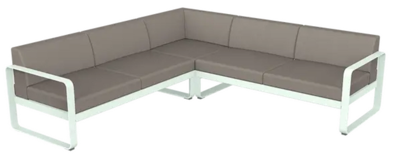 Load image into Gallery viewer, Ice mint, grey, and taupe Fermob Bellevie Composition 2 outdoor sofa set with modular lounge pieces and stylish cushions.
