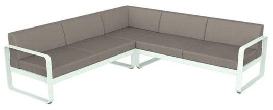 Ice mint, grey, and taupe Fermob Bellevie Composition 2 outdoor sofa set with modular lounge pieces and stylish cushions.
