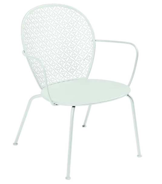 Ice mint Fermob LORETTE low armchair with a metal frame, ideal for outdoor use, featuring a sleek, modern design.