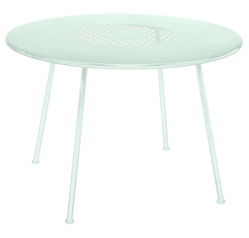 Load image into Gallery viewer, Fermob LORETTE Round Garden Table Ø110 cm in ice mint metal with fire-resistant, beautiful outdoor metal furniture design.
