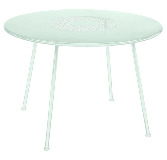 Fermob LORETTE Round Garden Table Ø110 cm in ice mint metal with fire-resistant, beautiful outdoor metal furniture design.