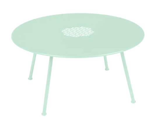 Fermob LORETTE low metal coffee table in Ice Mint color, with an 80 cm diameter, suitable for outdoor use.