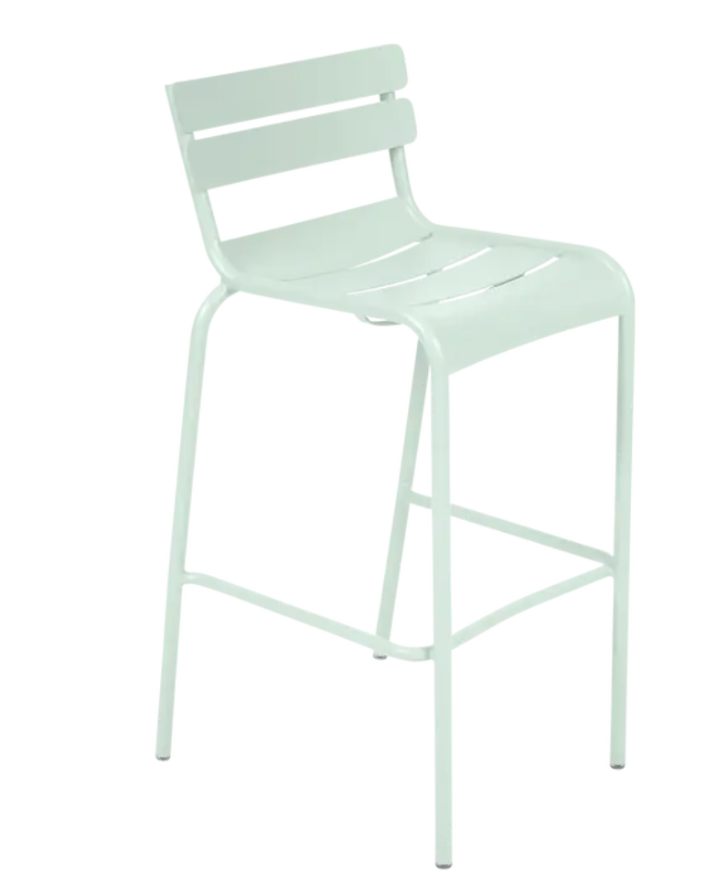 Load image into Gallery viewer, Ice mint Fermob Luxembourg bar armchair with metal frame and armrests, ideal for pub or bar seating.
