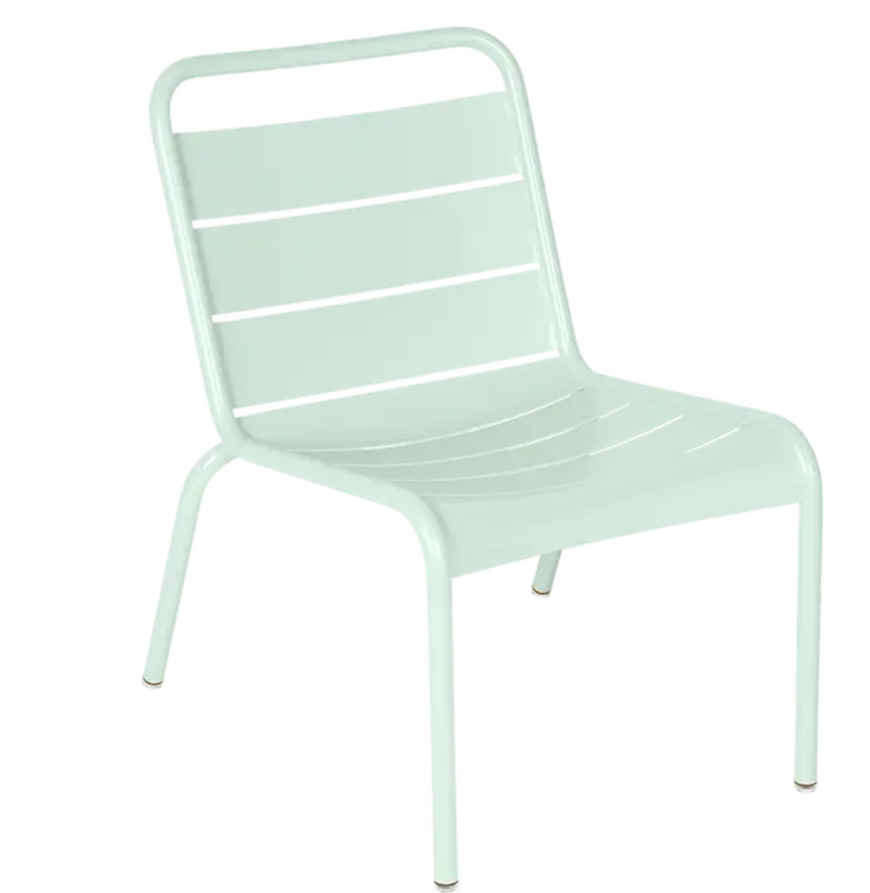 Load image into Gallery viewer, Ice Mint Fermob Luxembourg lounge chair made of metal, suitable for outdoor or restaurant seating.
