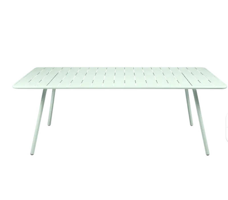 Load image into Gallery viewer, Ice Mint Fermob Luxembourg outdoor table, 207x100 cm, weather-resistant table for patio or garden seating.
